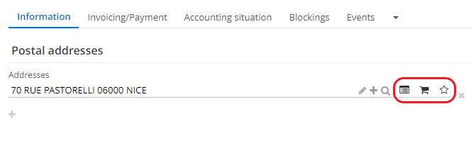 1.9. Indicate the type of address by clicking on a specific icon of the address field (Invoicing address / Delivery address / Default address). Hover mouse cursor over an icon in order to see a brief description of the icon.